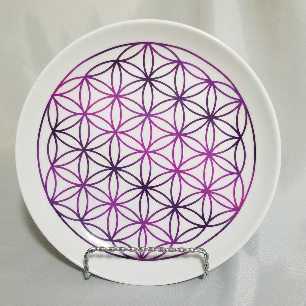 Flower of Life Ceramic Crystal Grid White and Purple  8"